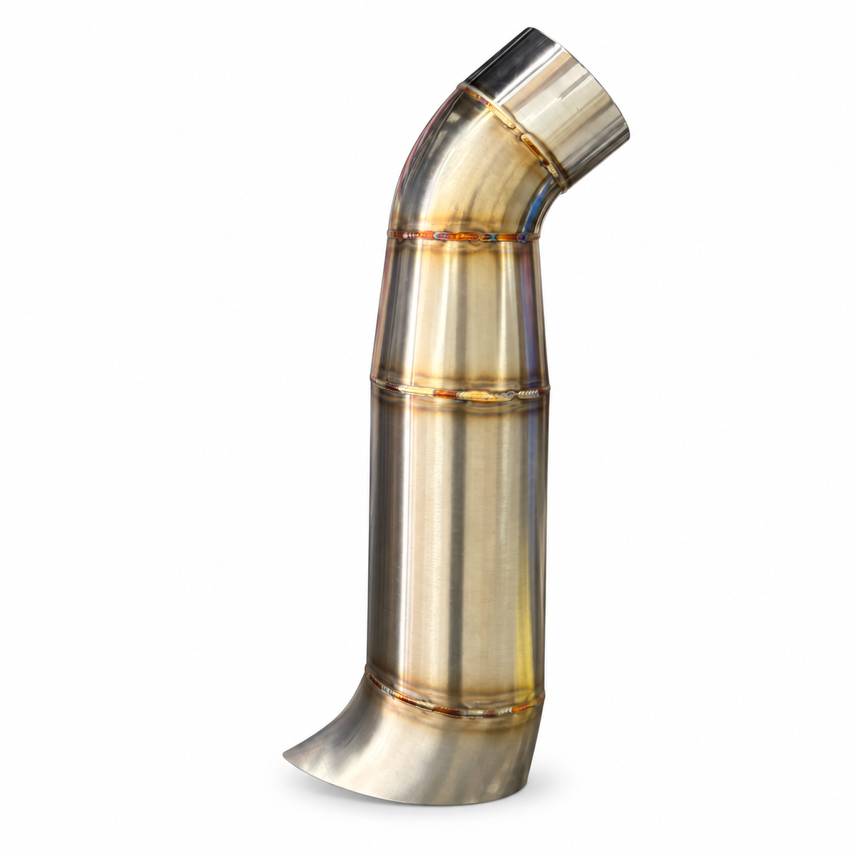 Upright profile of 5-inch to 6-inch stainless steel 45-degree teardrop exhaust elbow on white
