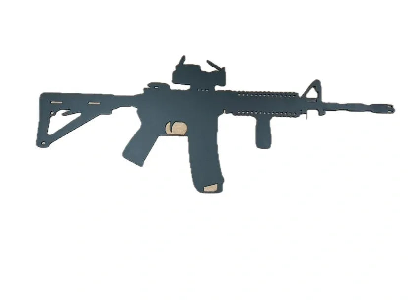 Black metal wall art shaped like a modern rifle on a white background