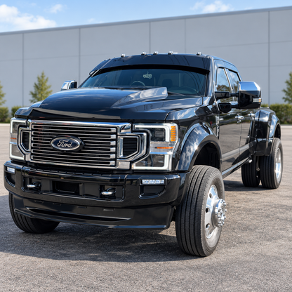 Black Ford Super Duty dually with a TRUBLU Alumiduty drop visor installed
