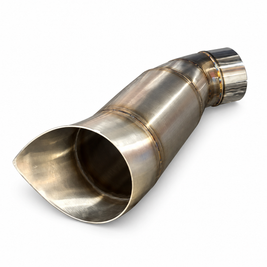 Front opening view of 5-inch to 6-inch stainless steel 45-degree teardrop exhaust elbow on white