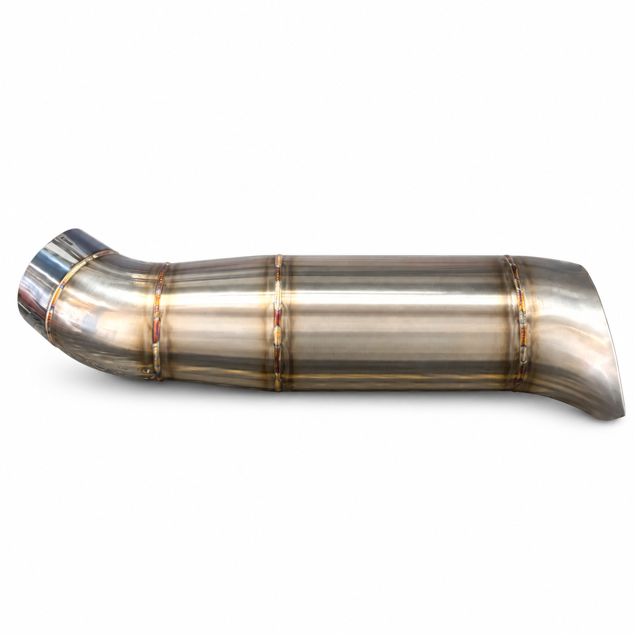 Side profile of 5-inch to 6-inch stainless steel 45-degree teardrop exhaust elbow on white