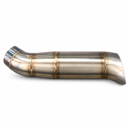 Side profile of 5-inch to 6-inch stainless steel 45-degree teardrop exhaust elbow on white