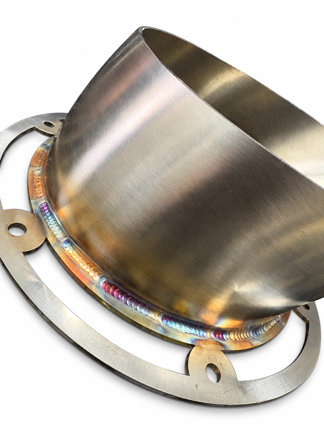 Close-up of the brushed stainless finish and TIG weld on a 6-inch teardrop hood-stack tip