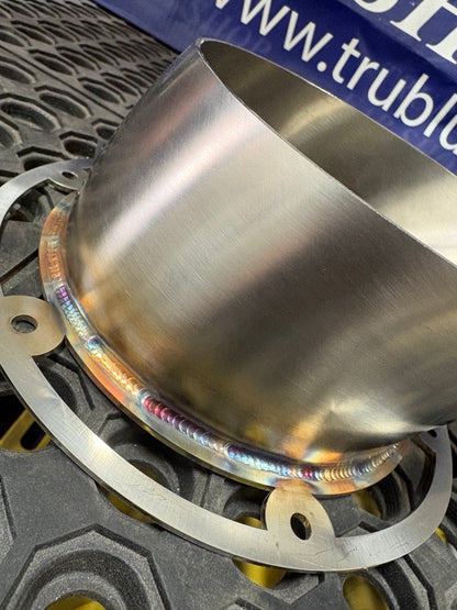 Stainless steel exhaust component with rainbow weld, precision crafted for performance