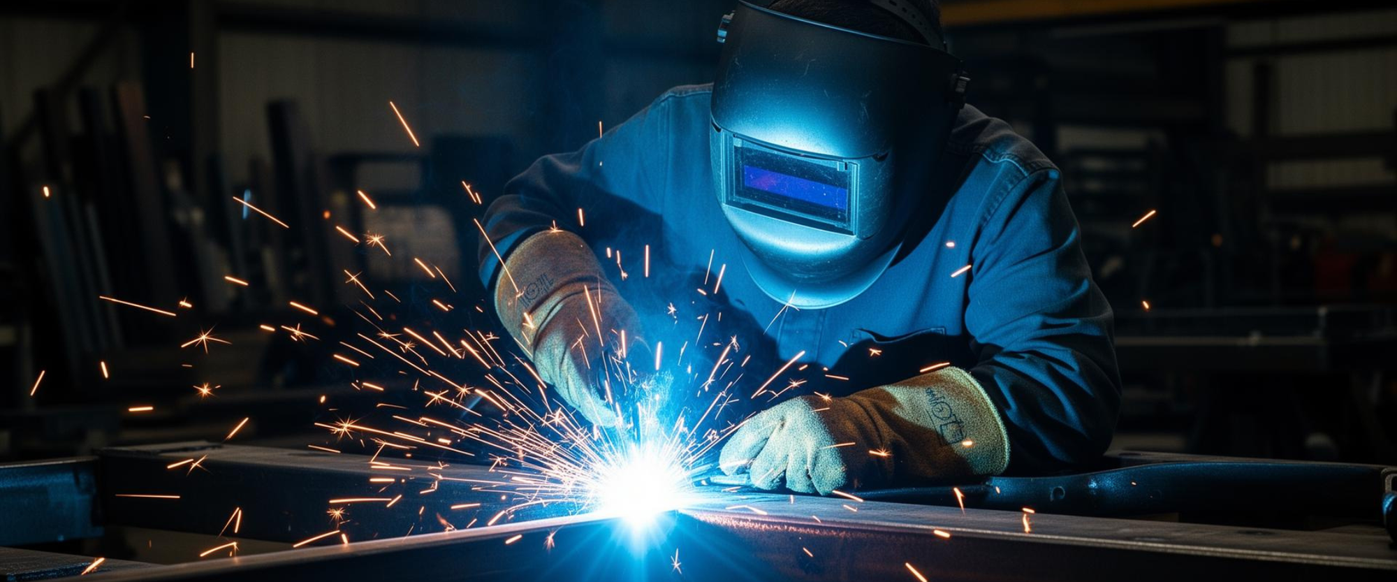 Welder in protective gear sparks metal in industrial workshop