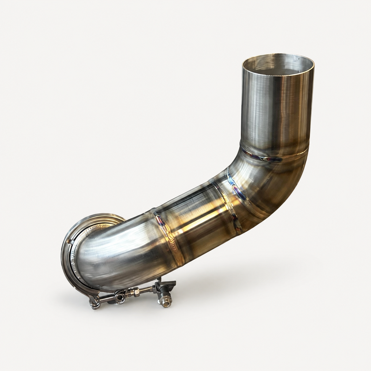 2008–2010 Ford 6.4 Powerstroke hood stack pipe routing with stainless connection clamp