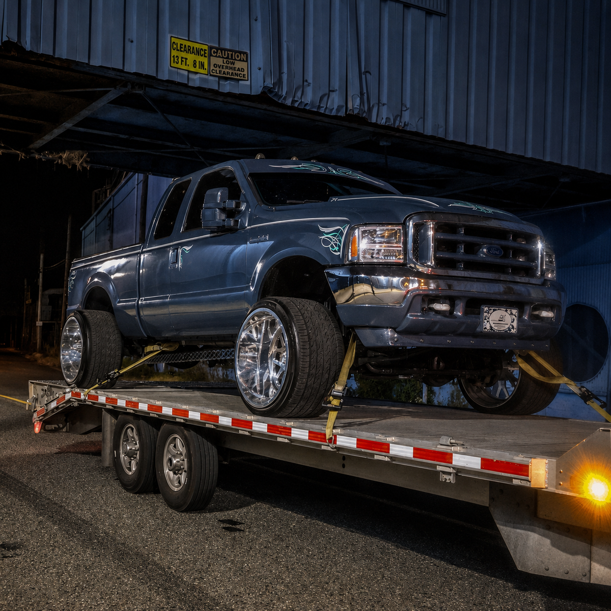 Custom Ford Super Duty secured on a trailer with pinstriping and TRUBLU Fab straight drop visor