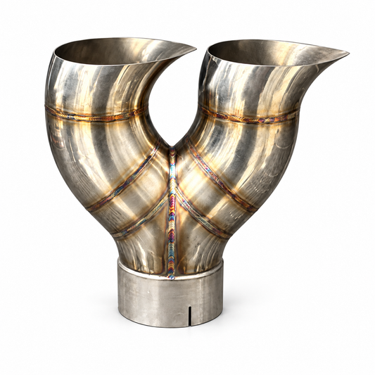Front view of a TIG-welded 304 stainless dual horizontal teardrop exhaust tip