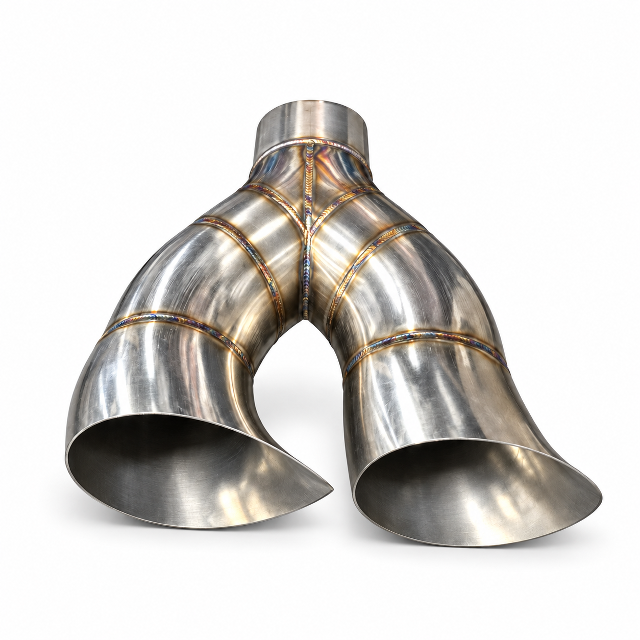 Outlet view of a TIG-welded 304 stainless dual horizontal teardrop exhaust tip