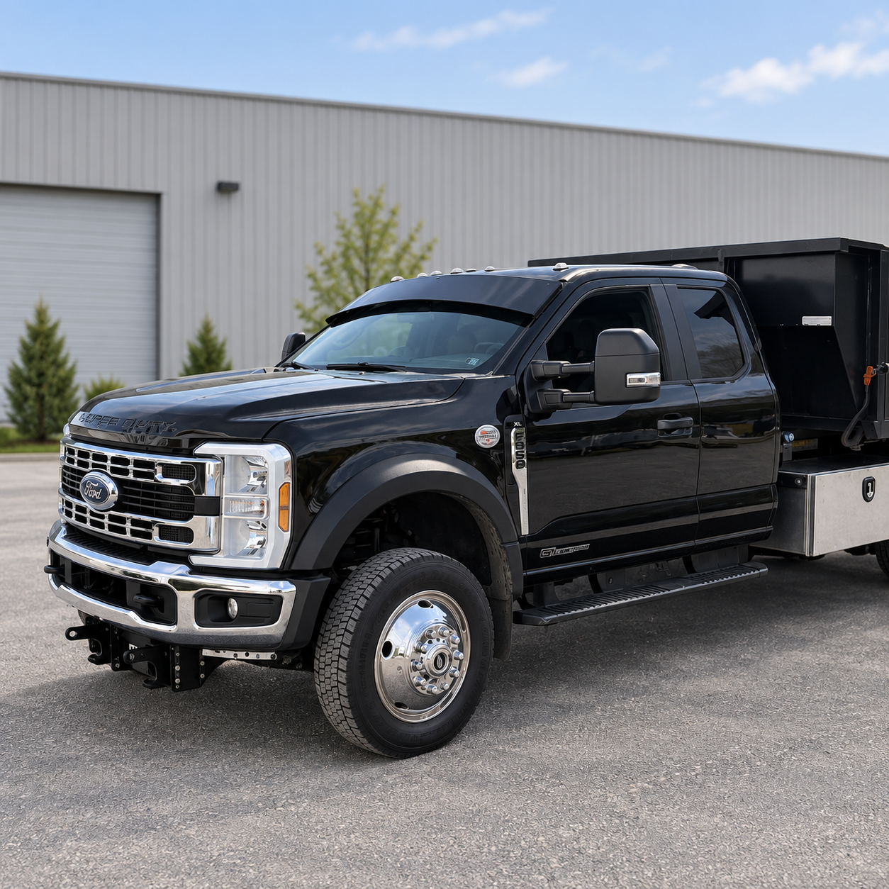 Ford F-550 work truck with a black Alumiduty drop visor installed