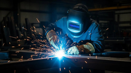 Welder in protective gear sparks metal in industrial workshop