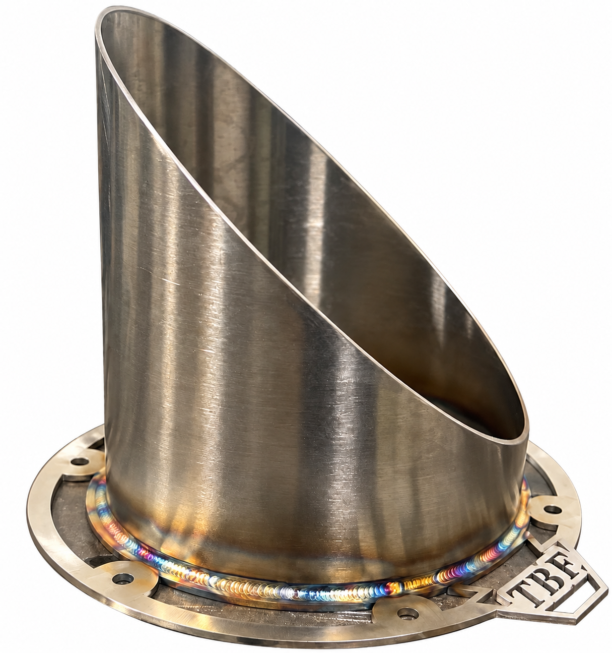 45-degree TRUBLU stainless hood-stack tip with original TBF flange on white