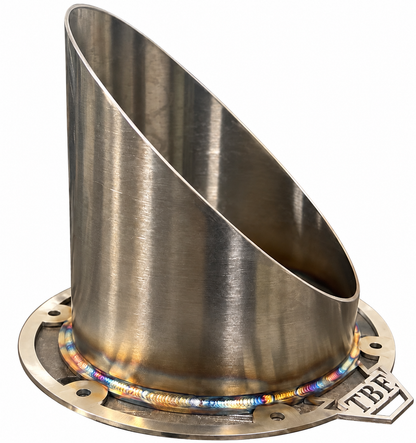 45-degree TRUBLU stainless hood-stack tip with original TBF flange on white