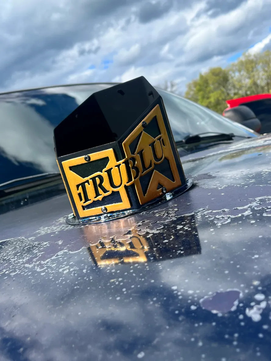 Black and gold metal car accessory with 'TRUBLU' lettering mounted on a vehicle hood outdoors