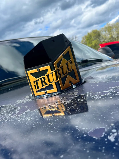 Black and gold metal car accessory with 'TRUBLU' lettering mounted on a vehicle hood outdoors