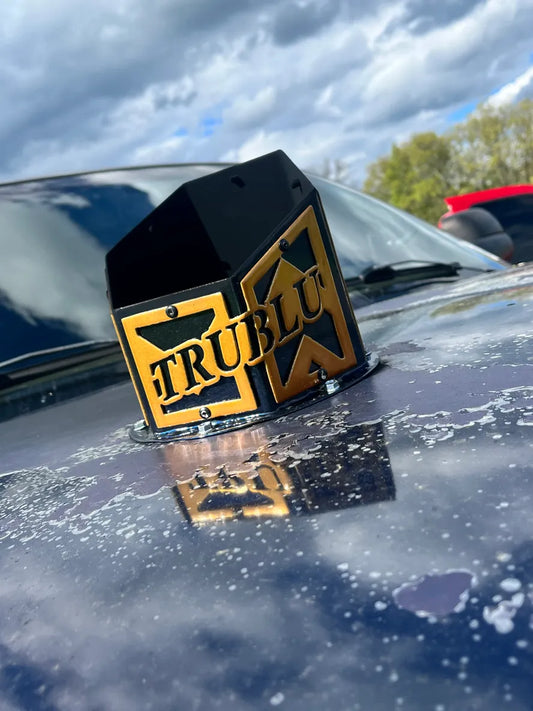 Black and gold metal car accessory with 'TRUBLU' lettering mounted on a vehicle hood outdoors
