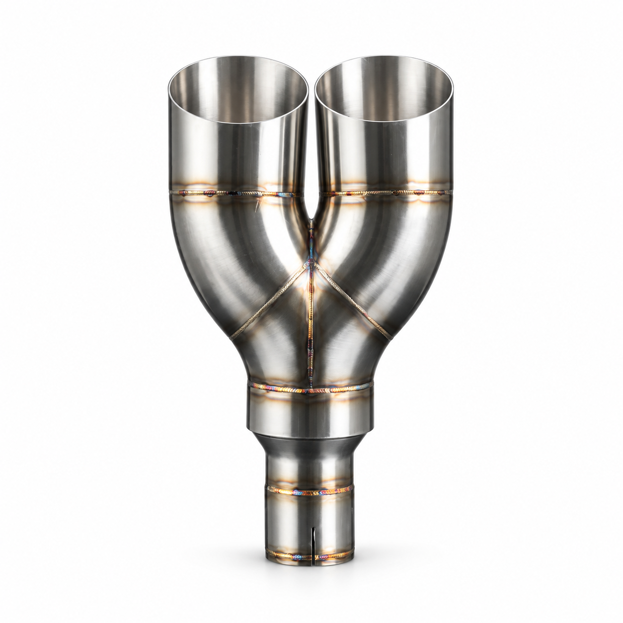 Front view of stainless steel dual mitre Y-pipe exhaust tip on white