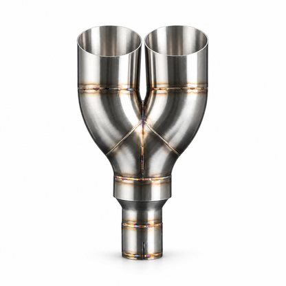 Front view of stainless steel dual mitre Y-pipe exhaust tip on white