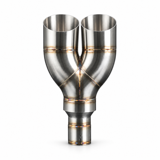 Front view of stainless steel dual mitre Y-pipe exhaust tip on white